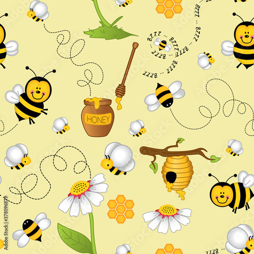 Seamless background of cute bee and honey elements