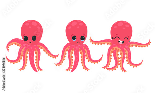 Pink Octopus with Tentacles Showing Different Emotions and Mood Vector Set