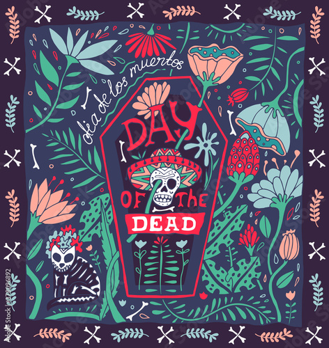 Hand-drawn illustration for Day of the Dead holiday. Floral ornament with skull and bones. Mexican national flavor