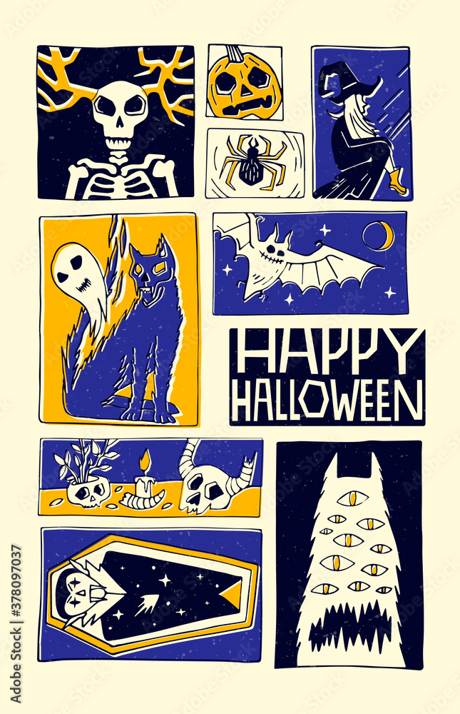 Hand drawn comic book style illustration. Happy Halloween. Print for t-shirts, invitations, cards, clothes, bags, posters