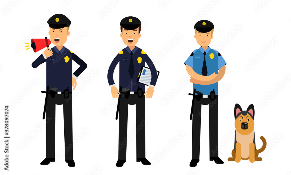 Young Men as Police Officers with Truncheon and Pistol on Duty Vector Illustration Set Young Men as Police Officers with Truncheon and Pistol on Duty Vector Illustration Set