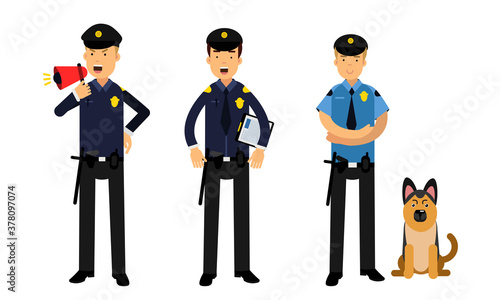 Young Men as Police Officers with Truncheon and Pistol on Duty Vector Illustration Set