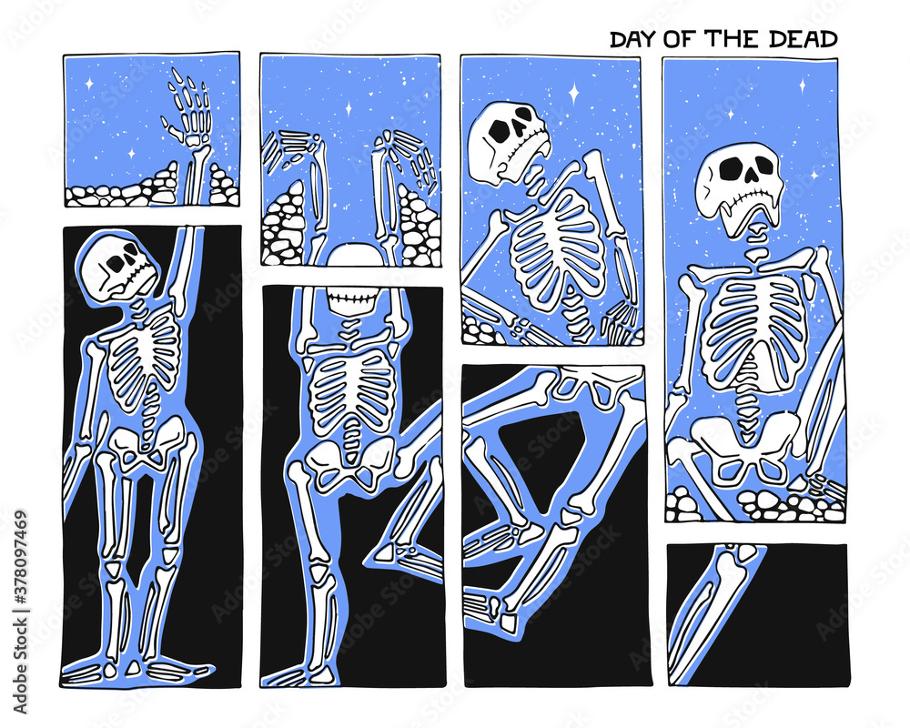 Hand drawn comic book style illustration with skeleton. Day of the Dead