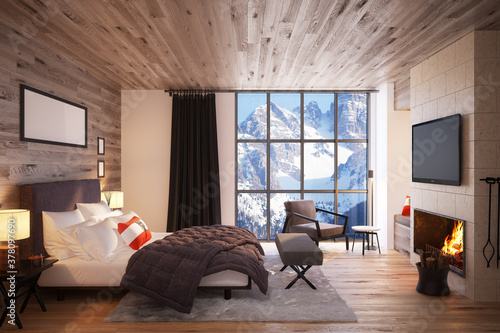Luxury bedroom in the Interior of the Expensive Hotel overlooking the mountain scenery. 3D Render