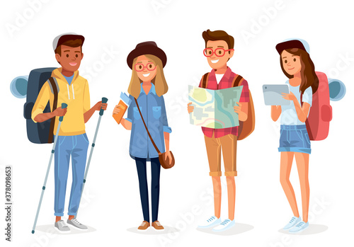 Set group of young tourists traveling people with travel bag backpack and map, going on vacation trip. Travelers portrait collection .Travel and tourism concept.