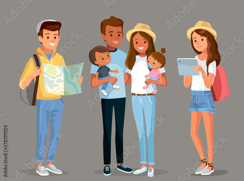 Set group of young tourists traveling people with travel bag backpack and map, family of 4 four with kids sun daughter going on vacation trip. Travelers portrait collection .Travel and tourism concept