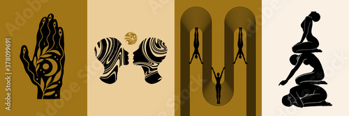 Vector set of hand drawn illustration yogi, geometrical elements, fortune teller's hand. Surreal artworks. Template for card, poster, banner, print for t-shirt, pin, badge, patch.