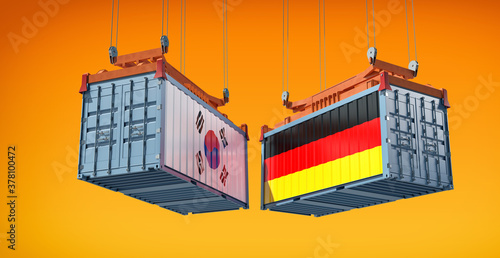 Cargo containers with South Korea and German flag. 3D Rendering 