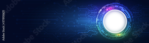 Hi-tech vector illustration with various technology elements. Wide Cyber security internet and networking concept. Abstract global sci fi concept.  Digital internet communication on blue background