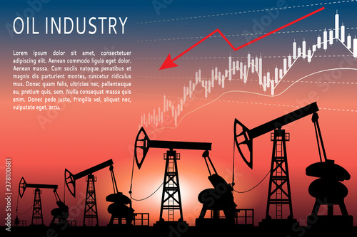 The concept of falling oil prices. Financial chart on the background of pumping stations, oil wells. The oil industry against the background of the sunset or sunrise. Vector illustration in flat style