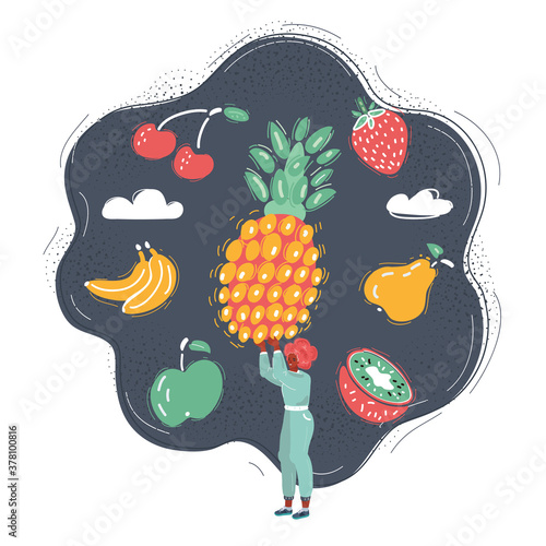 Cartoon illustration of run woman in white shirt with big pineapple