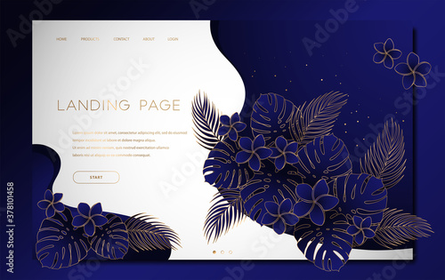 Landing page template with gold trendy monstera, palm leaves and exotic flowers on dark blue and white background. Tropical botanical design vector illustration concept for website development