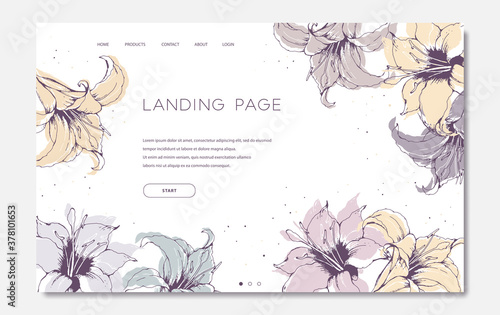 Landing page template with hand drawn colorful lilies on white background. Floral design vector illustration concept for website development