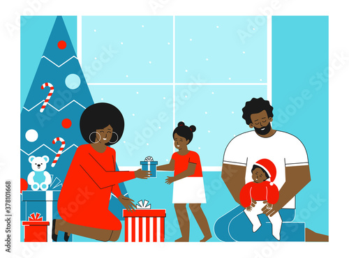 Vector isolated flat concept. Winter happy holidays of african american family. Home is decorated with present boxes, Christmas Tree. Mother is giving gifts to cute daughter. Father sits with toddler