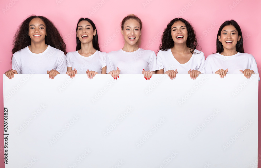 Diverse Women Holding Blank Paper Standing Over Pink Background, Mockup Diverse Women Holding Blank Paper Standing Over Pink Background, Mockup