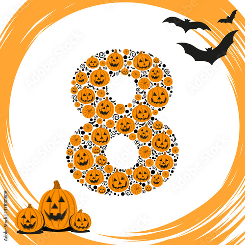 Vector number 8 in Halloween style with pumpkins, bats and spiders