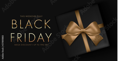 Black friday sale background with gift box and golden ribbon bow. Mega discount Luxury gold and white text.