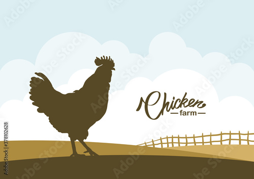 Cartoon scene with Silhouette of Cock on background of farm field.