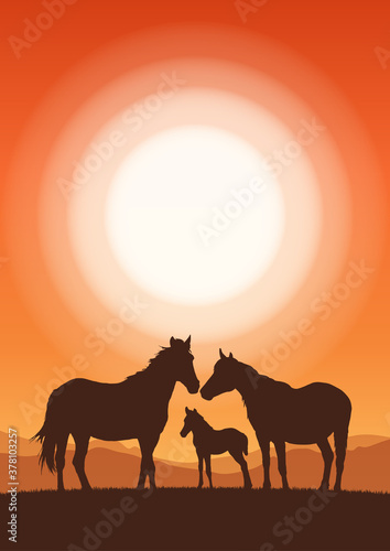 Vector illustration: Vertical Landscape with sunset and silhouette of family horses.