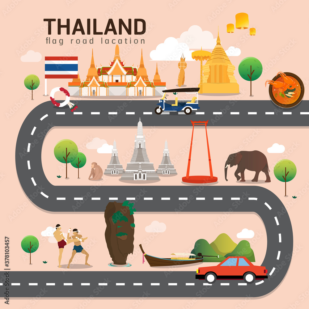 Road map and journey route in Thailand 