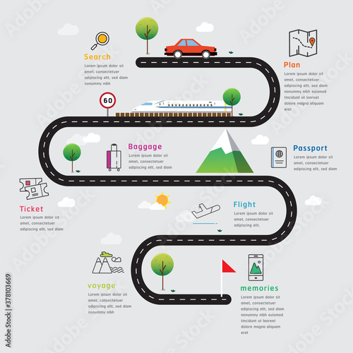 Road map and journey route timeline infographics photo