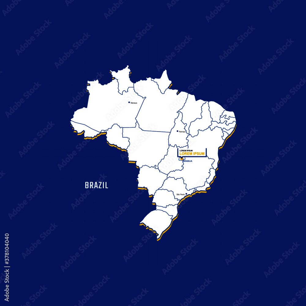 Vector map of Brazil with border, cities and capital Brasilia. Each city has separately for your design. Vector Illustration