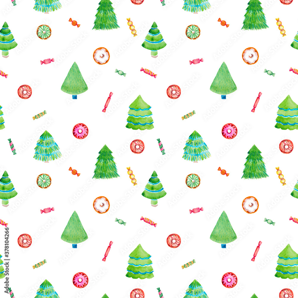 Christmas tree donuts candy sweet seamless pattern on white background Watercolor illustration winter Wallpaper digital paper pack gift wrap Christmas tree donuts candy sweet seamless pattern on white background Watercolor illustration winter Wallpaper digital paper pack gift wrap