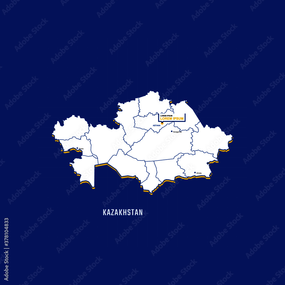 Vector map of Kazakhstan with border, cities and capital Astana. Each city has separately for your design. Vector Illustration