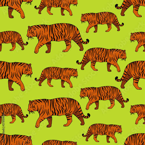 Modern seamless vector tropical colourful pattern with walking lined tigers on green background. Can be used for printing on paper  stickers  badges  bijouterie  cards  textiles. 
