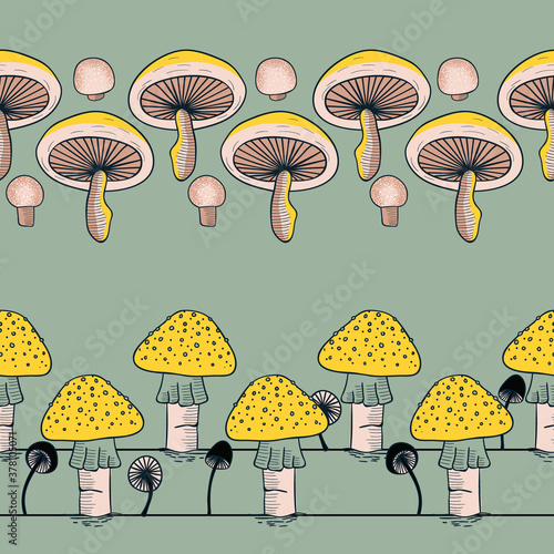 Mushrooms Garden Vector Seamless Horizontal Borders Set