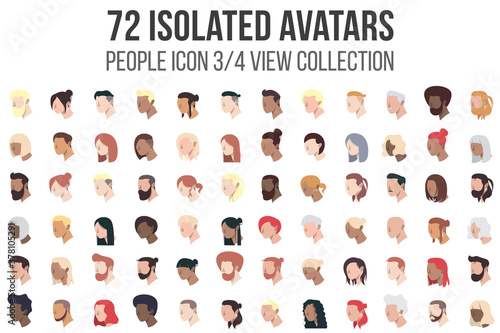 Big set of minimal icon. People 3/4 view. Isolated avatars portraits. Cartoon characters with various hairstyles. Vector illustration Eps10.