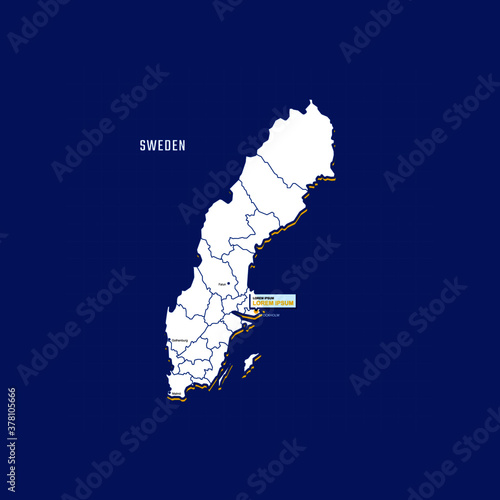 Vector map of Sweden with border, cities and capital Stockholm. Each city has separately for your design. Vector Illustration
