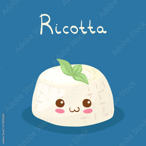 Kawaii vector illustration with happy funny food character. Adorable Italian cheese - Ricotta. Kids menu elements with lettering. Smiling healthy dairy product. Creamy homemade young cheese.