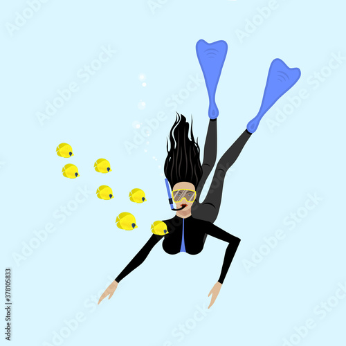 Active recreation, scuba diving. Scuba diver in mask. Underwater diving flat vector illustration.