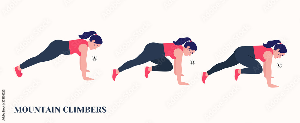 Fat Girl doing MOUNTAIN CLIMBERS exercise, Woman workout fitness, aerobic and exercises. Vector Illustration. - obrazy, fototapety, plakaty 