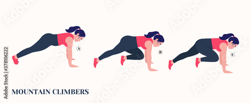 Fat Girl doing MOUNTAIN CLIMBERS exercise, Woman workout fitness, aerobic and exercises. Vector Illustration.