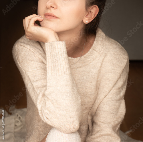 portrait of a young girl, Beige sweater