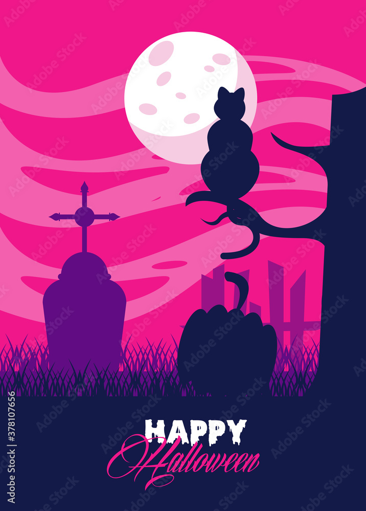 happy halloween celebration card with cat in cemetery scene
