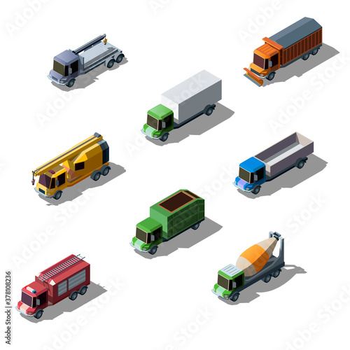 Vector set of vehicle isometric collection of colorful transportation. Commercial, construction and service trucks isolated on white background.