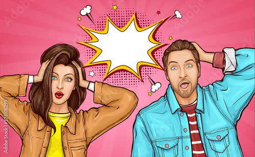 Attractive amazed young man and woman touch heads with hands. Surprised girl and guy in jacket with wide open eyes and mouths, speech bubble. Vector illustration in pop art style on pink background.