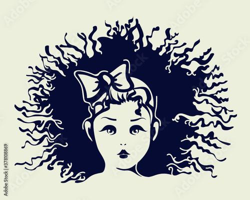Cute little girl portrait with ribbon and bow, big eyes and messy curly hair.Vector art.Beautiful illustration isolated on light background.