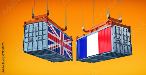 Shipping containers with United Kingdom and France national flags. 3D Rendering 