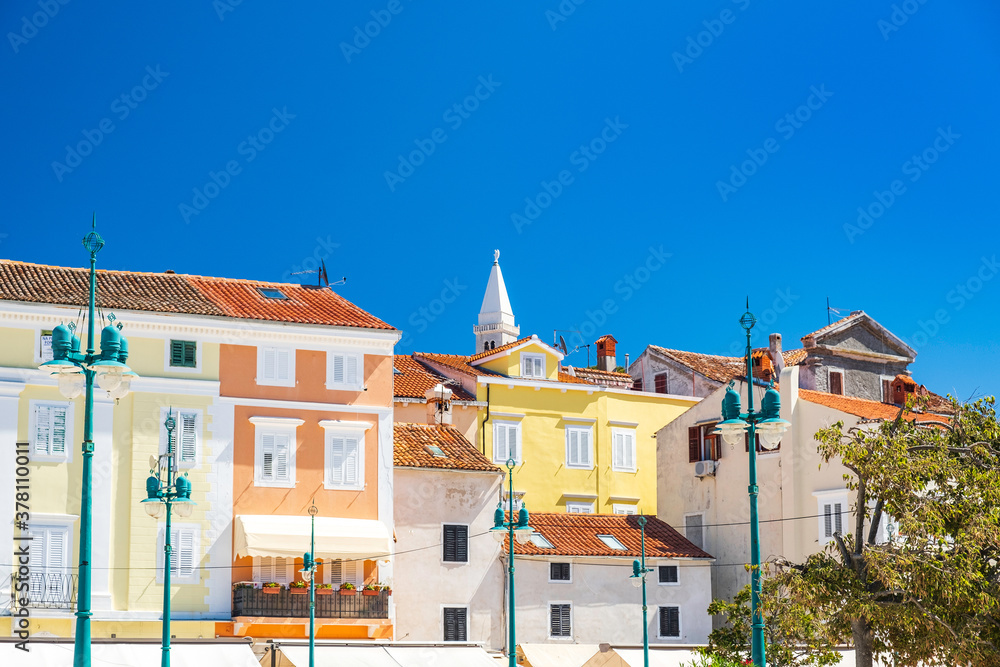 Town of Mali Losinj on the island of Losinj, Adriatic coast in Croatia, cathedral tower and city center
