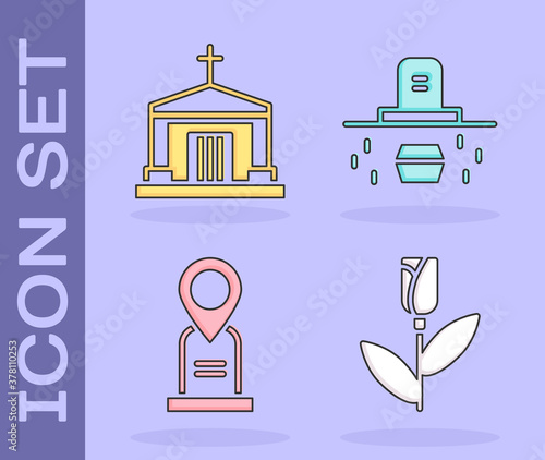 Set Flower rose, Old crypt, Location grave and Grave with coffin icon. Vector.