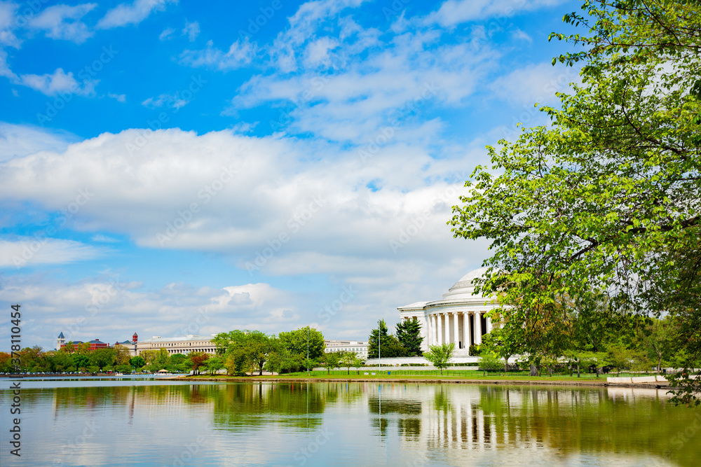 Obraz premium Tidal basin and Thomas Jefferson Memorial over spring trees, Washington D.C. USA