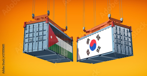 Shipping containers with Jordan and South Korea national flags. 3D Rendering 