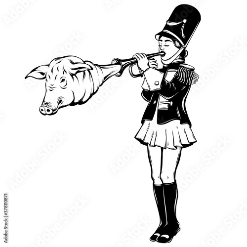 Vector hand drawn illustration of trumpeter with pig's head. Surrealistic tattoo artwork. Template for card, poster, banner, print for t-shirt, pin, badge, patch.