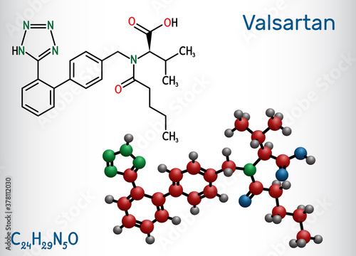 Valsartan molecule. It is used to treat high blood pressure, heart failure. Skeletal chemical formula photo