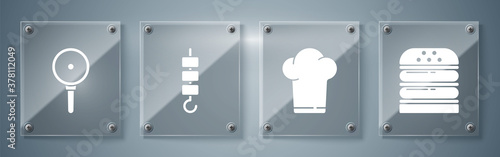 Set Burger, Chef hat, Grilled shish kebab on skewer stick and Frying pan. Square glass panels. Vector.