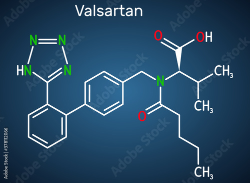 Valsartan molecule. It is used to treat high blood pressure, heart failure. Structural chemical formula on the dark blue background